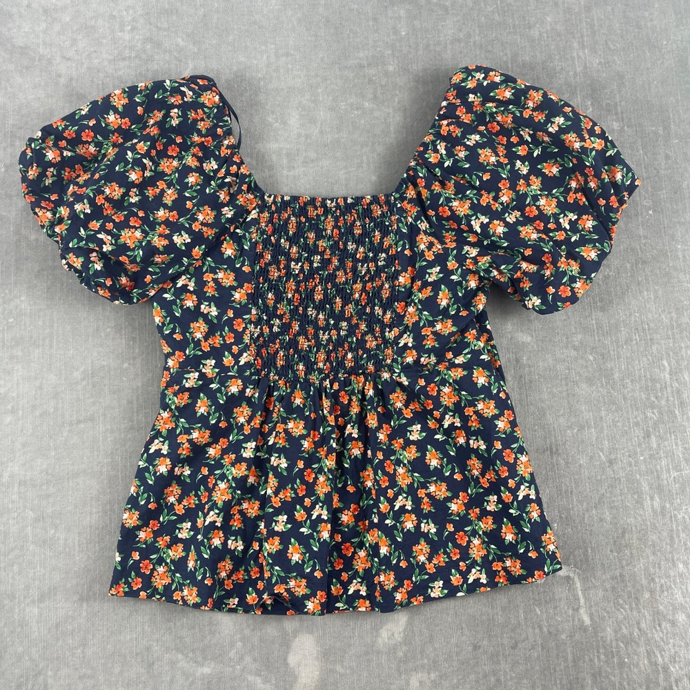 Old Navy Women S Navy Blue Floral Puff Sleeve Smocked Blouse Top